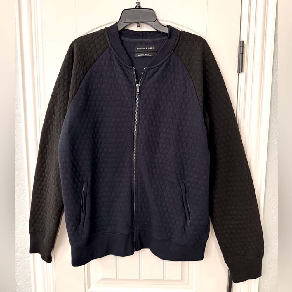 Zara Navy and Black Textured zip up Sweater